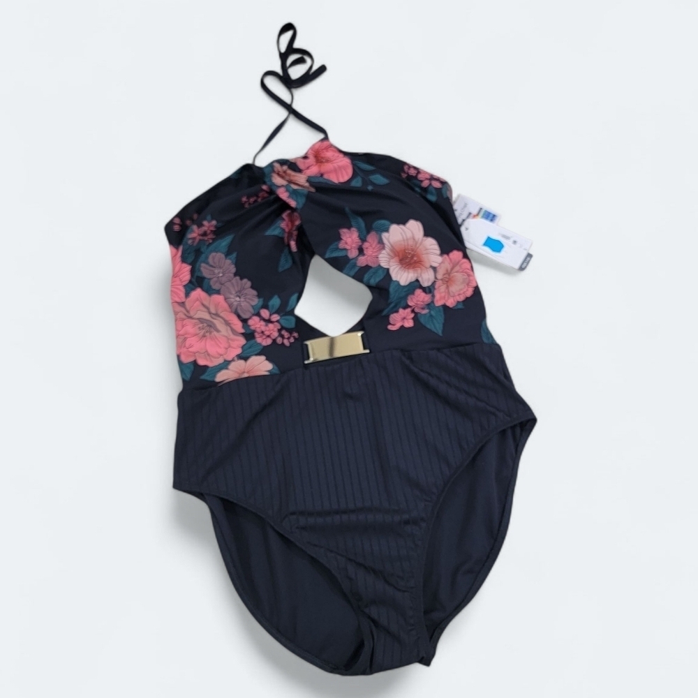 NEW Time & Tru Floral Black Halter One-Piece Swimsuit Size Large